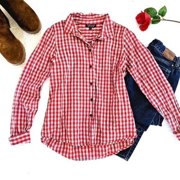 Topshop Red Grey Gingham Plaid Button Down Shirt Women’s Size 2 Long Sleeve - Picture 1 of 13